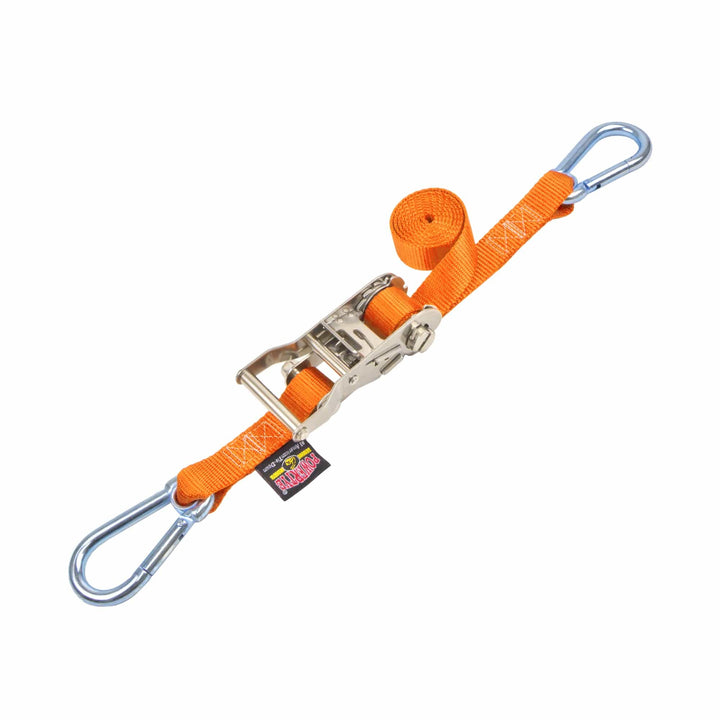 Stainless Steel Ratchet Strap 1 inch x 3 feet with Carabiner Hooks#color_orange