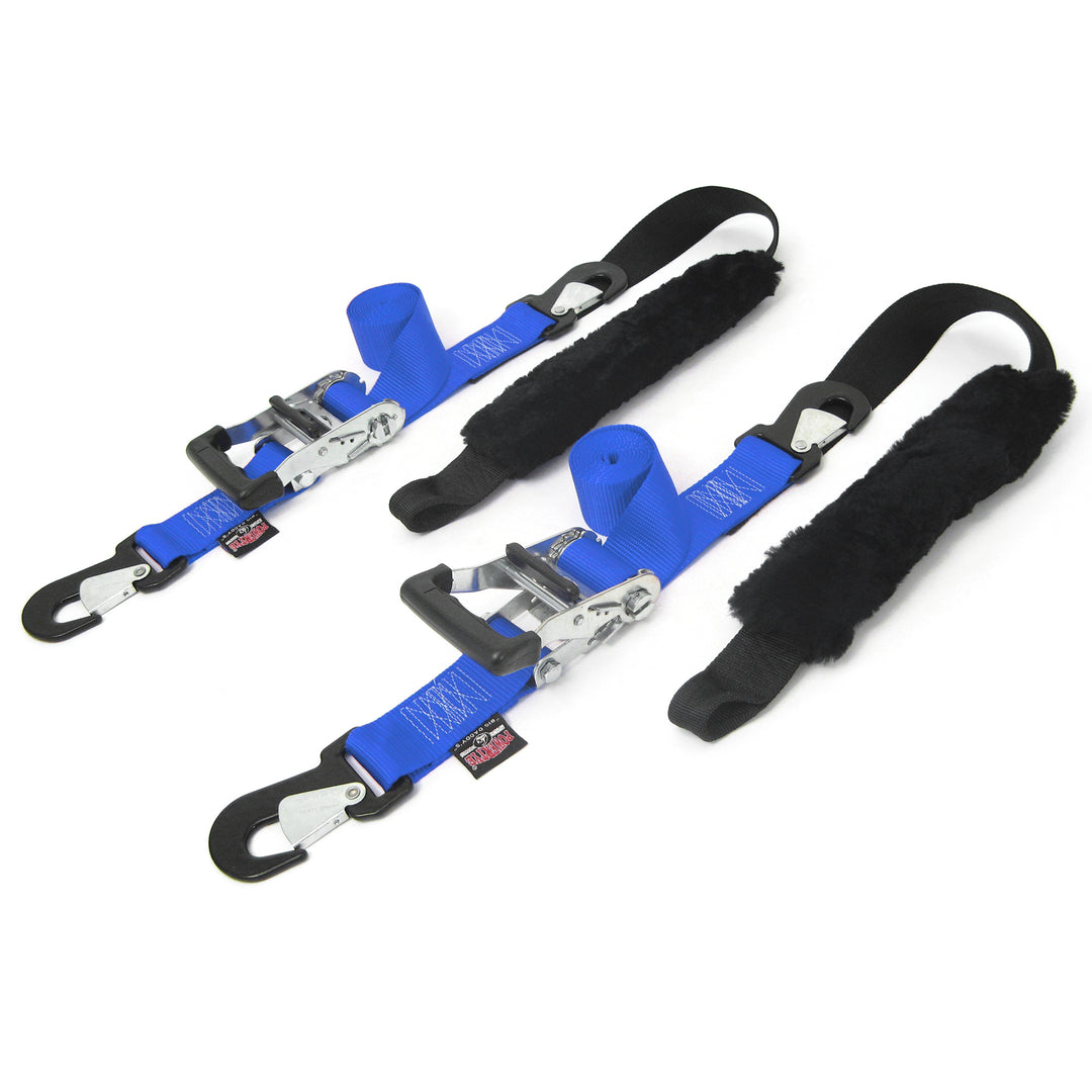2in Big Daddys Premium Ratchet Strap with genuine sheepskin soft-tye for motorcycles#color_blue-black