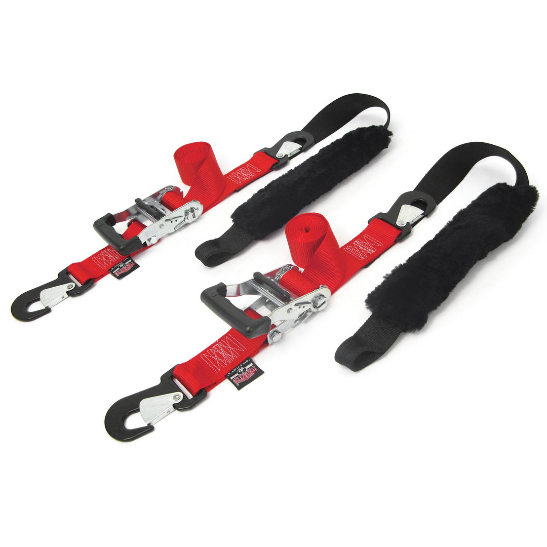 2in Big Daddys Premium Ratchet Strap with genuine sheepskin soft-tye for motorcycles#color_red-black