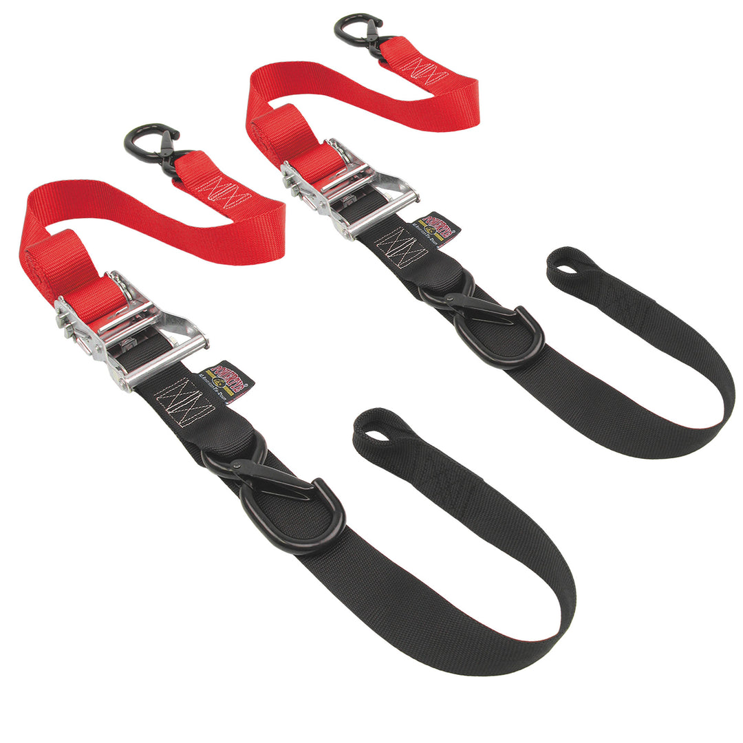 1.5in Ratchet Strap Tie-Downs with Soft-Tye for motorcycles and cargo trailers#color_red-black