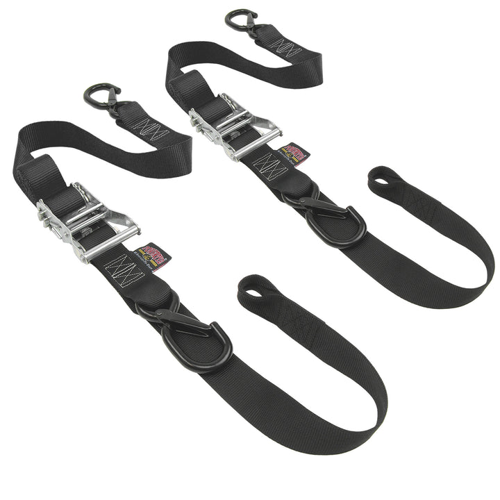 1.5in Ratchet Strap Tie-Downs with Soft-Tye for motorcycles and cargo trailers#color_black-black