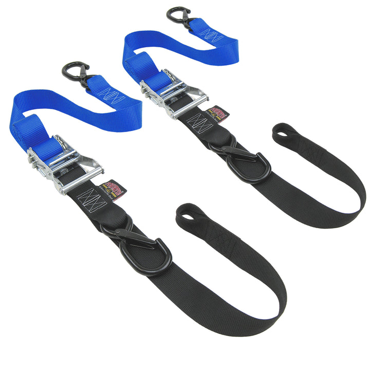 1.5in Ratchet Strap Tie-Downs with Soft-Tye for motorcycles and cargo trailers#color_blue-black