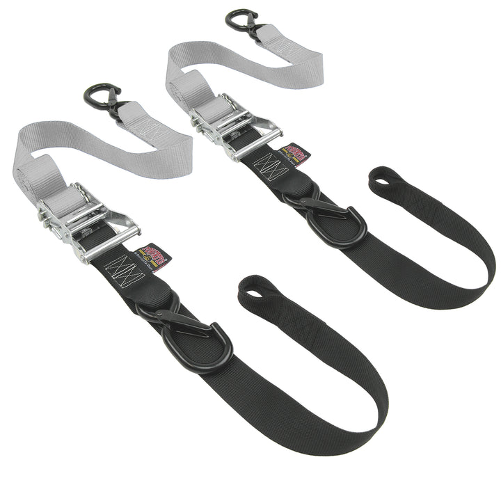 1.5in Ratchet Strap Tie-Downs with Soft-Tye for motorcycles and cargo trailers#color_silver-black