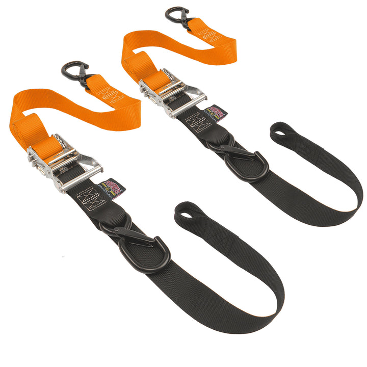 1.5in Ratchet Strap Tie-Downs with Soft-Tye for motorcycles and cargo trailers#color_orange-black