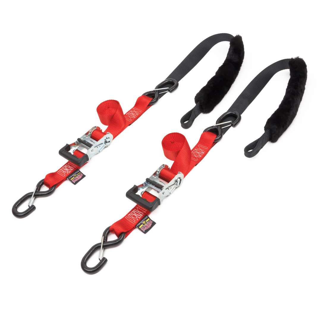 Fat Strap Deluxe Ratchet Strap with Sheepskin Soft-Tye 1.5in x 7ft for motorcycles and off-road vehicles #color_red-black