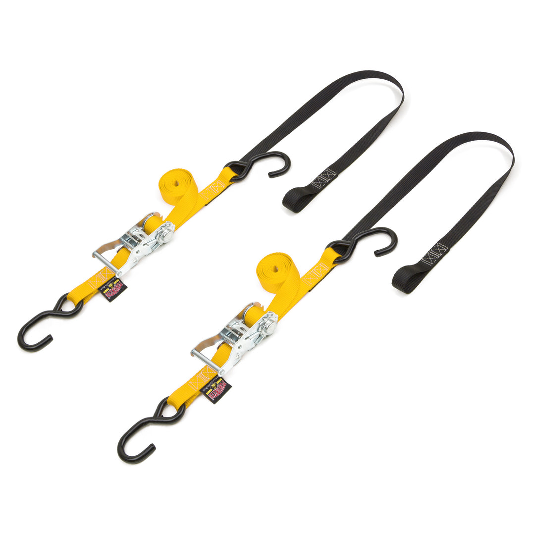 1in Ratchet Strap with Soft-Tye, S-Hooks#color_yellow-black
