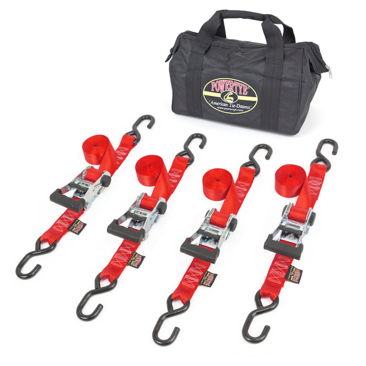 PowerTye 1.5in x 8ft Industrial Ratchet Tie-down strap kit heavy duty s-hooks with bag#color_red