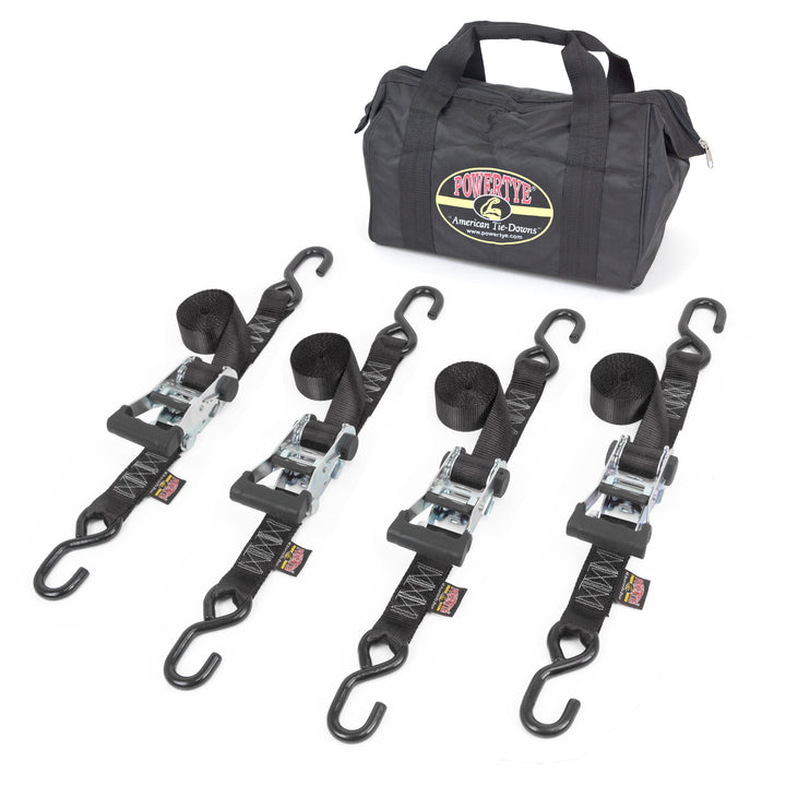 PowerTye 1.5in x 8ft Industrial Ratchet Tie-down strap kit heavy duty s-hooks with bag#color_black