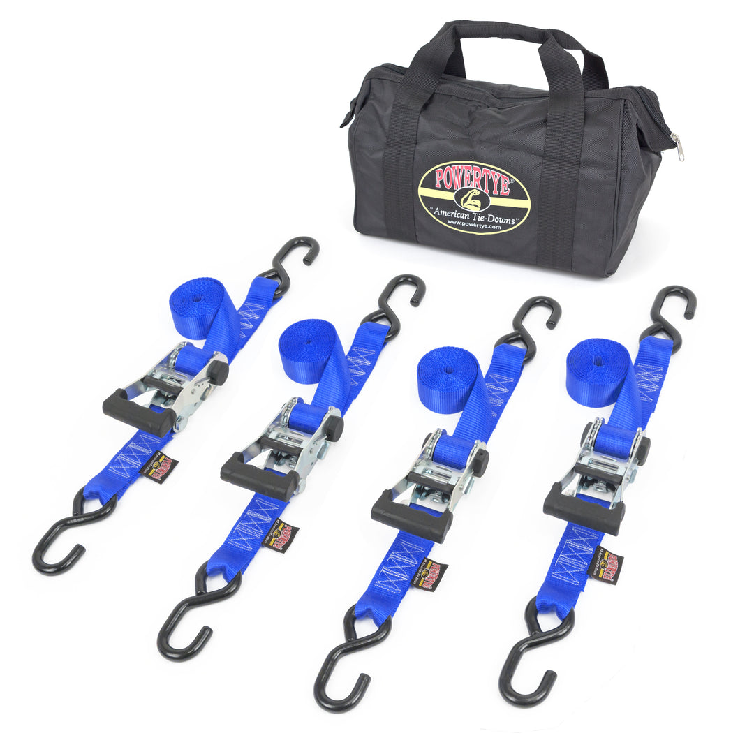 PowerTye 1.5in x 8ft Industrial Ratchet Tie-down strap kit heavy duty s-hooks with bag#color_blue