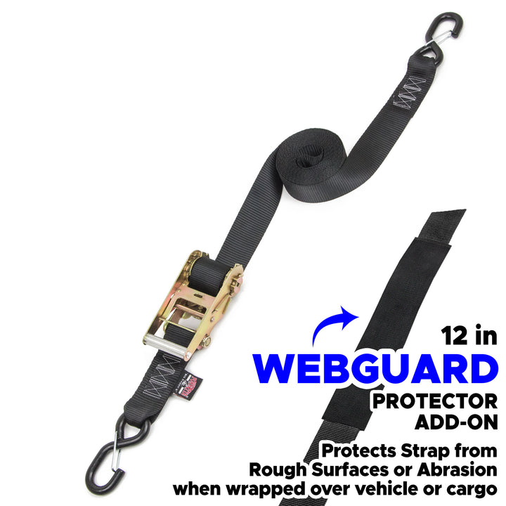 2in x 15ft INDUSTRIAL RATCHET TIE-DOWN w/ HD LATCH HOOKS with WEBGUARD COVER