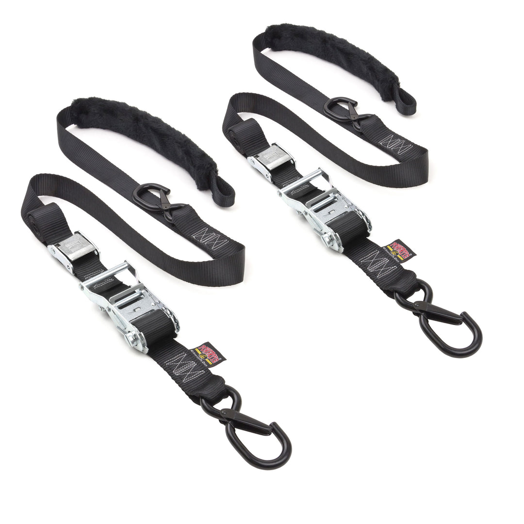 1.5in x 7ft QUICK STRAP RATCHET-CAM TIE-DOWN with PLUSH SOFT-TYE, LATCH  HOOKS (pair)