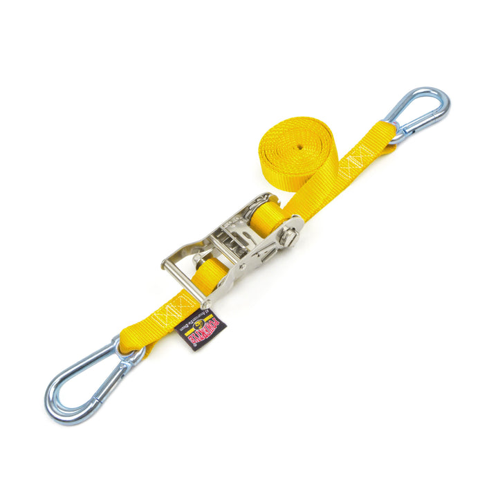 Stainless Steel Ratchet Strap 1 inch by 15 feet #color_yellowStainless Steel Ratchet Strap with Carabiner Hooks - 1 inch x 15 feet #color_yellow