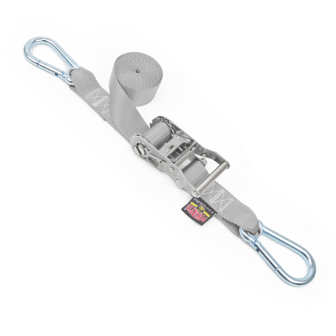 1.5in x 15ft Stainless Steel Ratchet Strap with Carabiners#color_silver