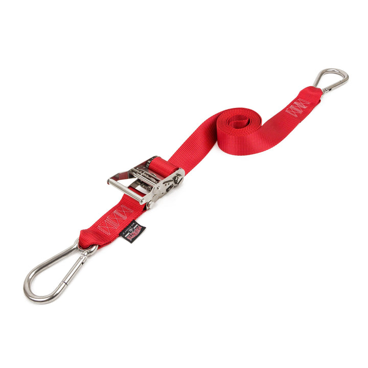 2in Stainless Steel Ratchet Strap with Carabiner hooks for off-road vehicles, watercraft and cargo#color_red
