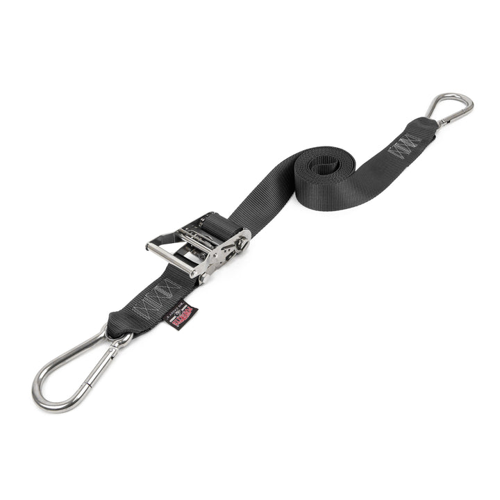 2in Stainless Steel Ratchet Strap with Carabiner hooks for off-road vehicles, watercraft and cargo#color_black