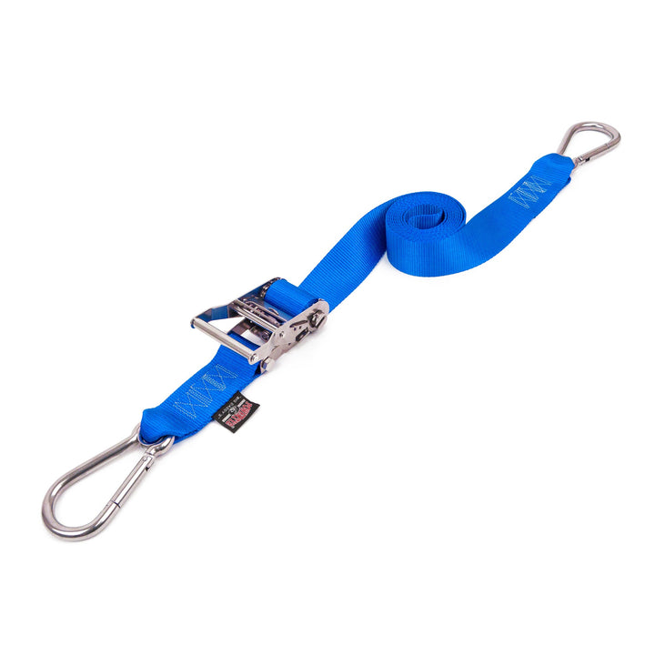 2in Stainless Steel Ratchet Strap with Carabiner hooks for off-road vehicles, watercraft and cargo#color_blue