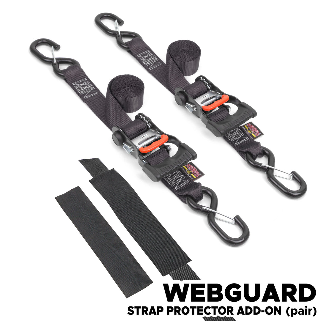 1.5in x 6ft Ergonomic ratchet tie-down strap with latch hooks with webguard cover#color_black