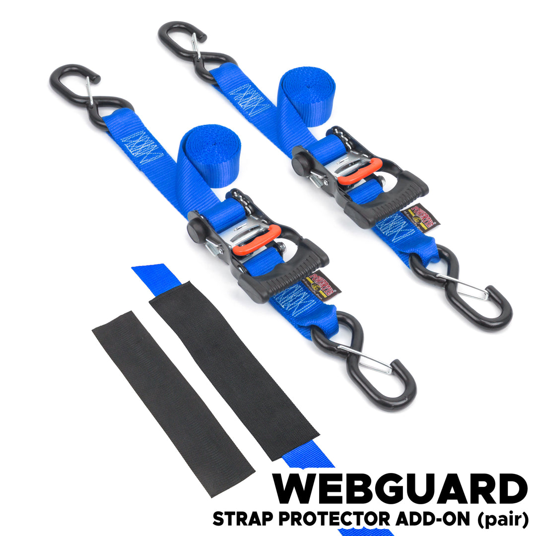 1.5in x 6ft Ergonomic ratchet tie-down strap with latch hooks with webguard cover#color_blue