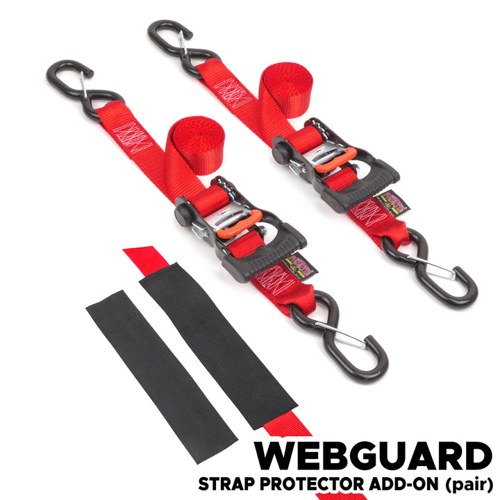1.5in x 6ft Ergonomic ratchet tie-down strap with latch hooks with webguard cover#color_red