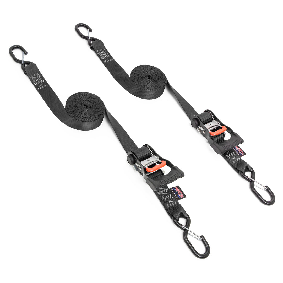 1.5in x 15ft Ergonomic Tie-Down Ratchet with Latch Hooks#color_black