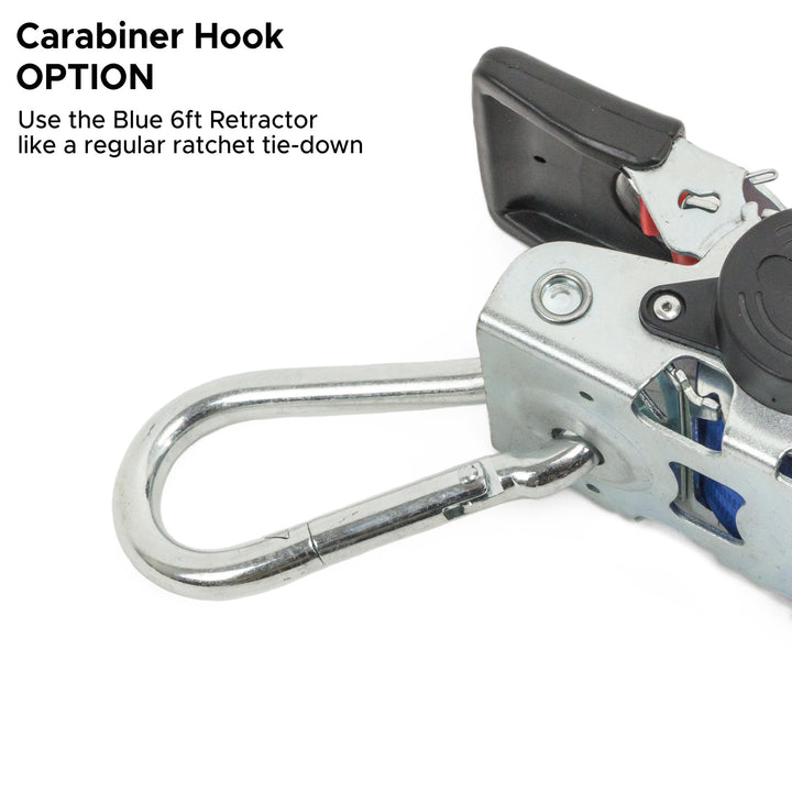 2in x 6ft Blue Retractor Ratchet with Carabiner closeup#ratchet-attachment_carabiner-hook