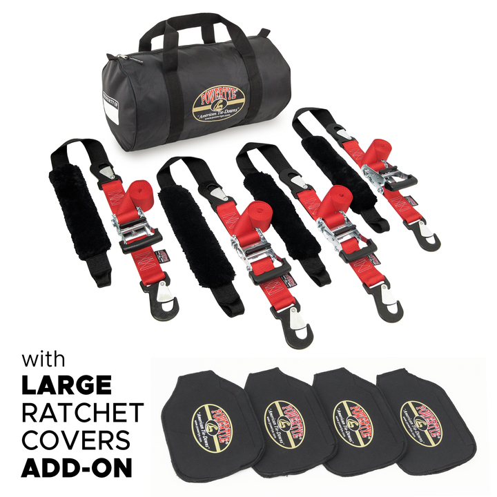 2 inch Ratchet Strap Big Daddy Premium Trailer Kit with four straps and sheepskin soft-tye plus ratchet covers#color_red