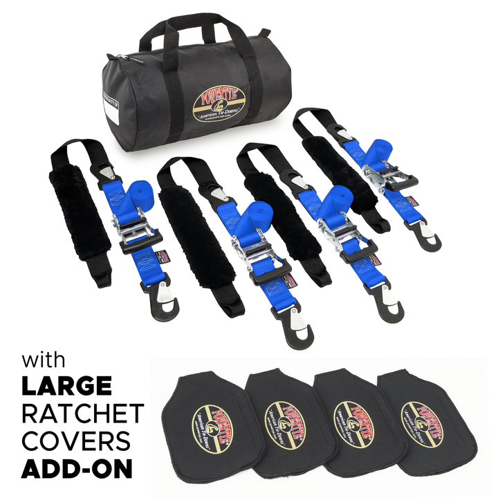 2 inch Ratchet Strap Big Daddy Premium Trailer Kit with four straps and sheepskin soft-tye plus ratchet covers#color_blue