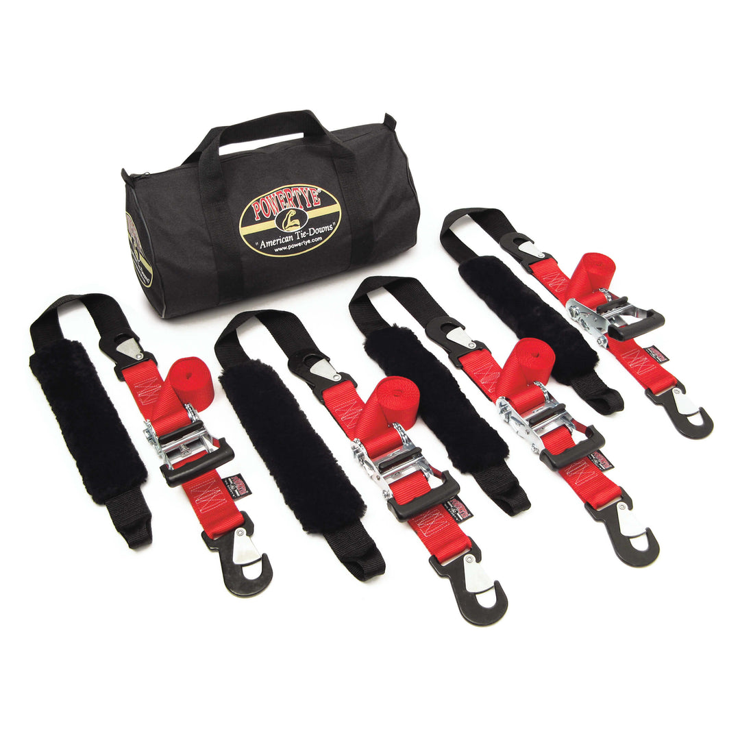 2 inch Ratchet Strap Big Daddy Premium Trailer Kit with four straps and sheepskin soft-tye for motorcycles and trailers#color_red