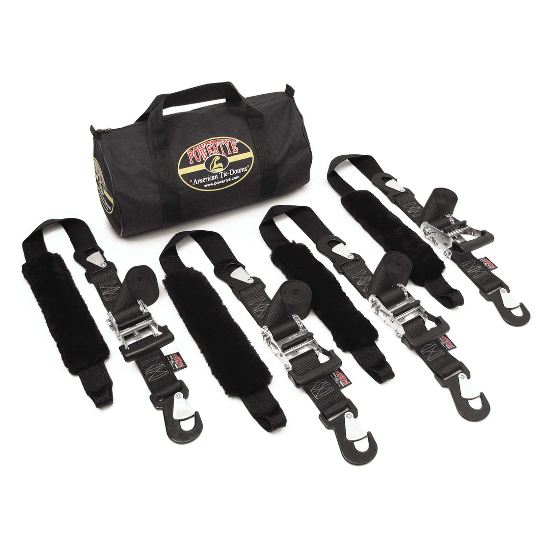 2 inch Ratchet Strap Big Daddy Premium Trailer Kit with four straps and sheepskin soft-tye for motorcycles and trailers#color_black
