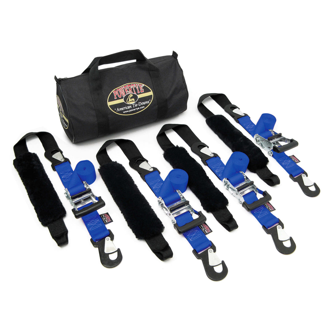 2 inch Ratchet Strap Big Daddy Premium Trailer Kit with four straps and sheepskin soft-tye for motorcycles and trailers#color_blue