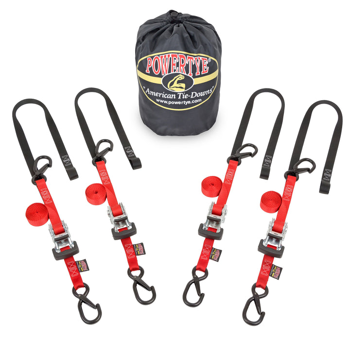 PowerTye Ratchet Strap Classic Trailer Kit with all-metal construction and plastic handle with four straps #color_red