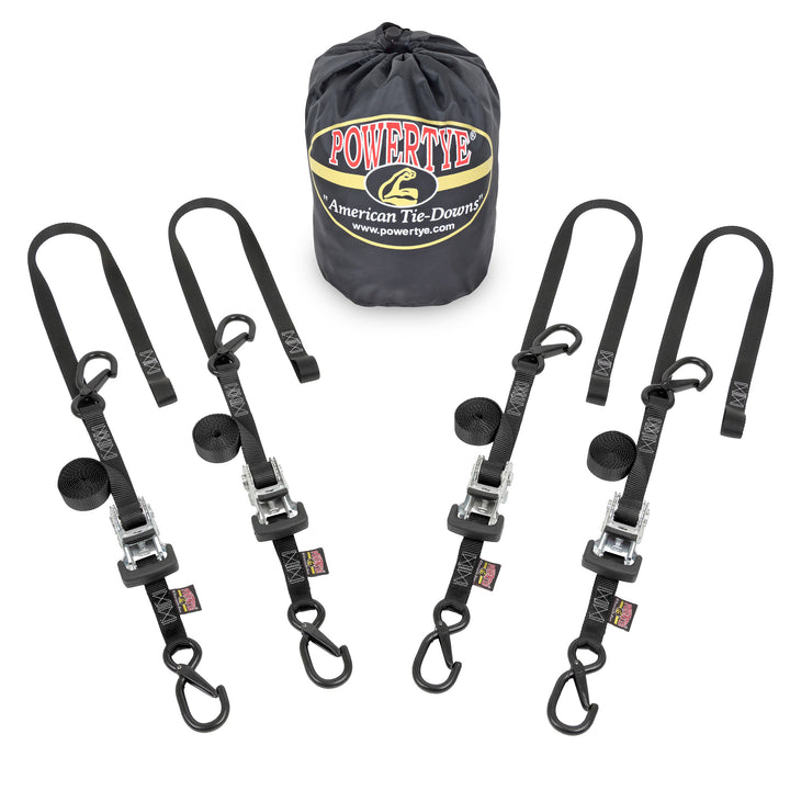 PowerTye Ratchet Strap Classic Trailer Kit with all-metal construction and plastic handle with four straps#color_black