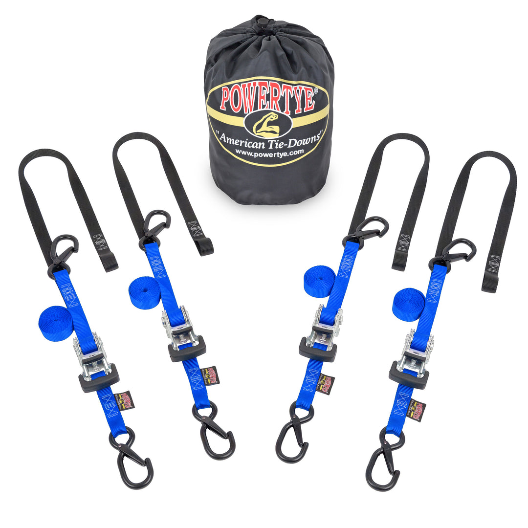 PowerTye Ratchet Strap Classic Trailer Kit with all-metal construction and plastic handle with four straps#color_blue