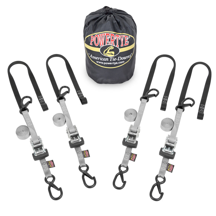 PowerTye Ratchet Strap Classic Trailer Kit with all-metal construction and plastic handle with four straps#color_silver