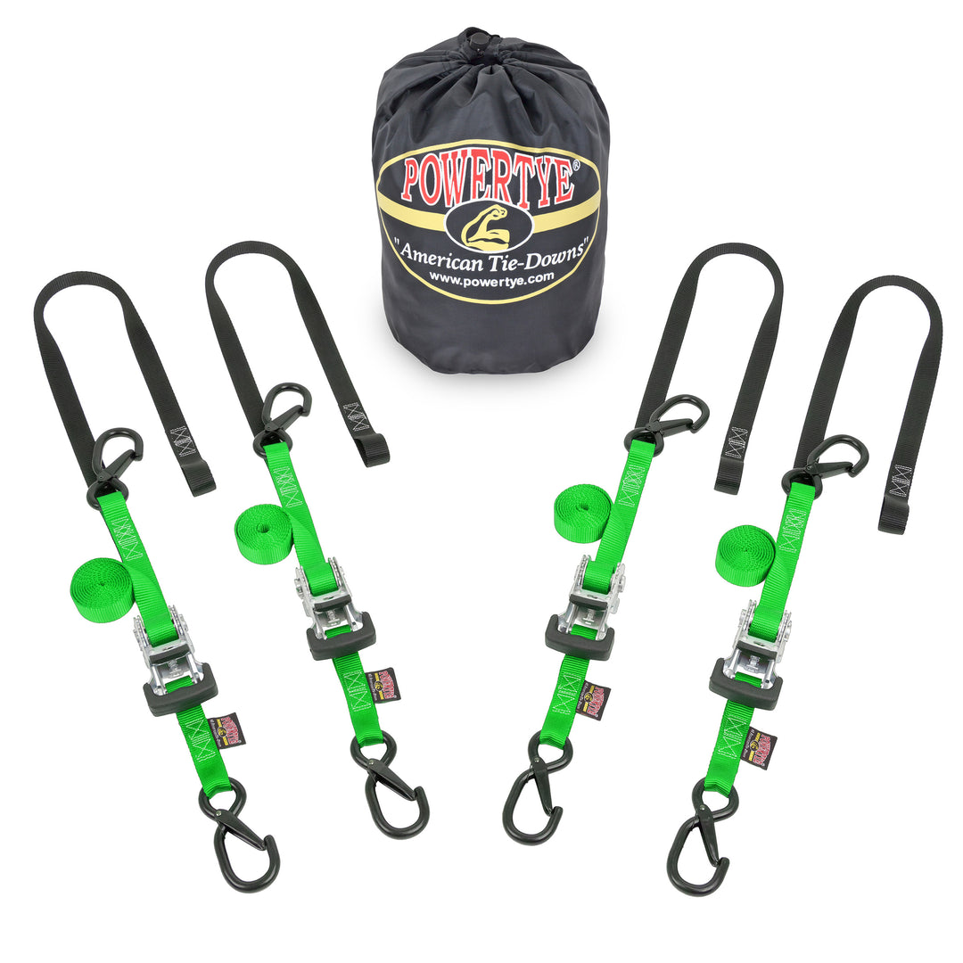 PowerTye Ratchet Strap Classic Trailer Kit with all-metal construction and plastic handle with four straps#color_green