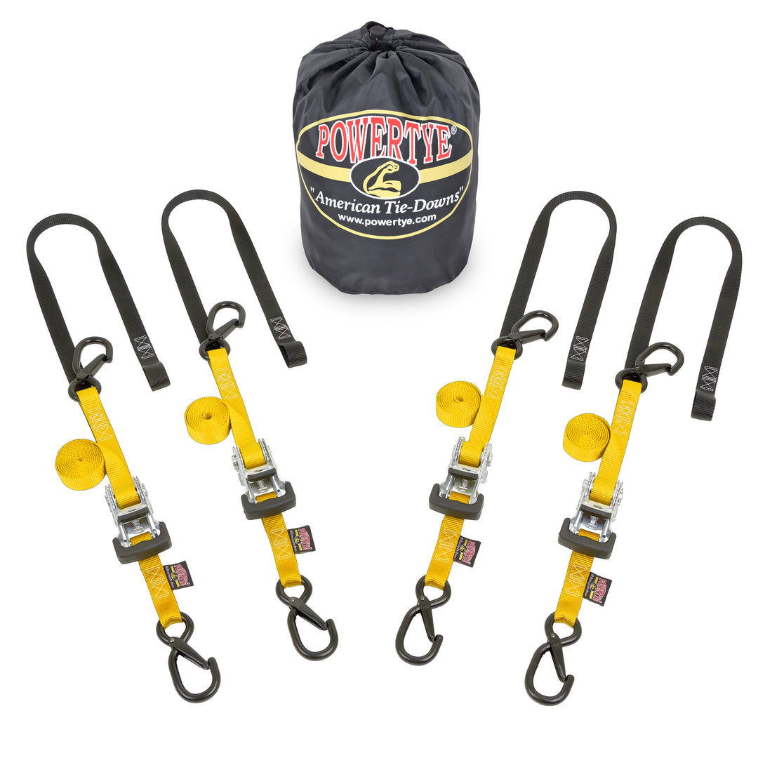 PowerTye Ratchet Strap Classic Trailer Kit with all-metal construction and plastic handle with four straps#color_yellow