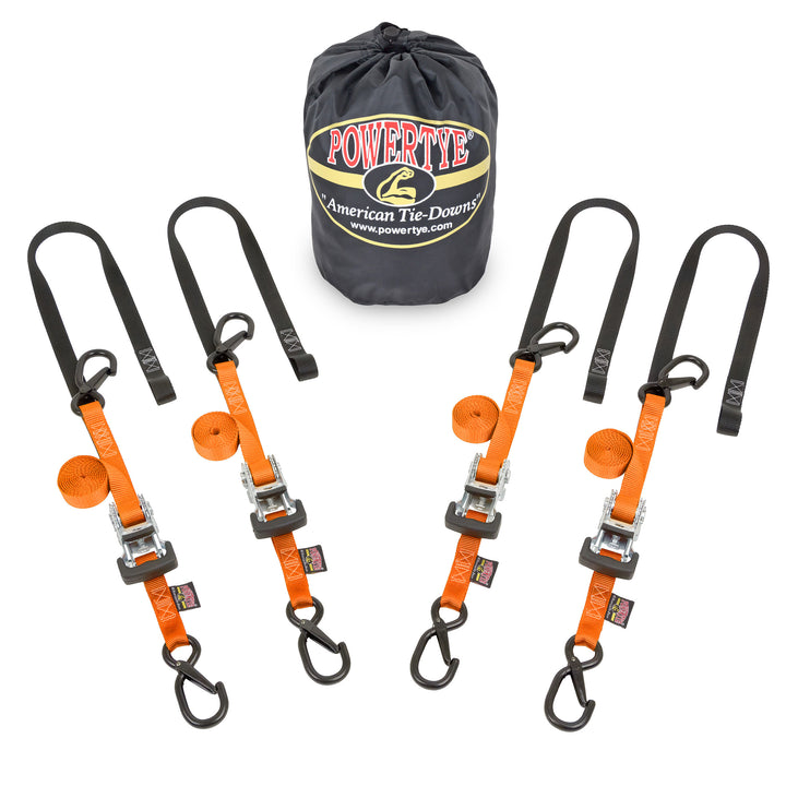 PowerTye Ratchet Strap Classic Trailer Kit with all-metal construction and plastic handle with four straps#color_orange