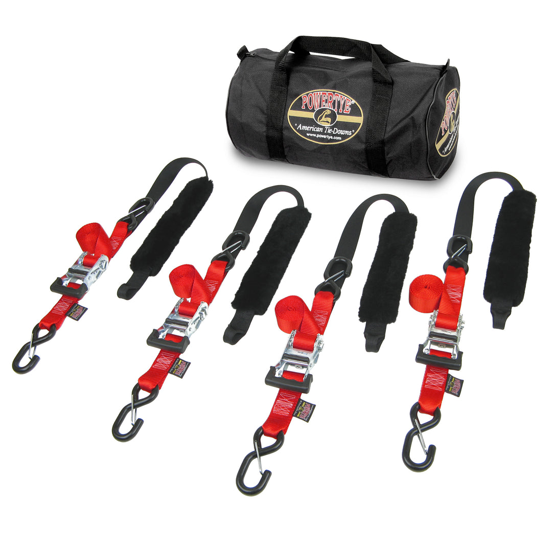 PowerTye Ratchet Strap 1.5 inch Fat Strap Tie Down Trailer Kit with four straps and genuine sheepskin soft-tye for motorcycles and offroad vehicles #color_red