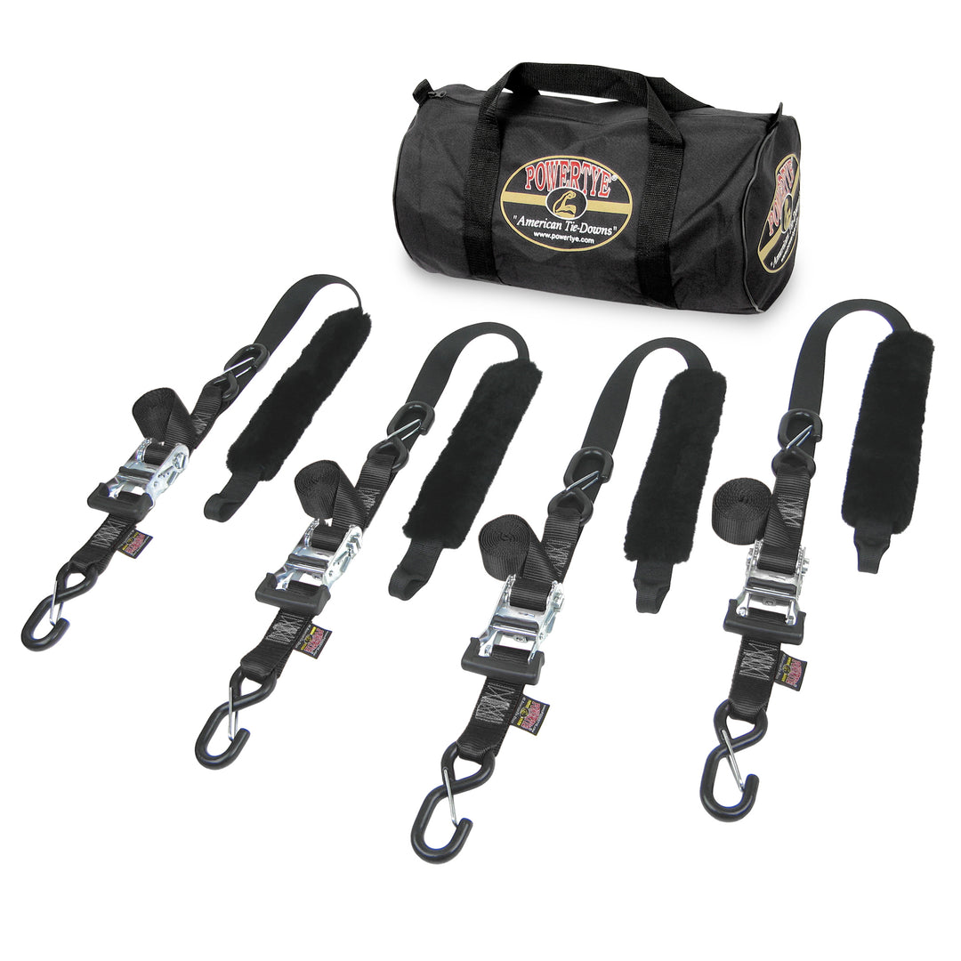 Ratchet Strap 1.5 inch Fat Strap Tie Down Trailer Kit with four straps and genuine sheepskin soft-tye  for motorcycles and offroad vehicles#color_black