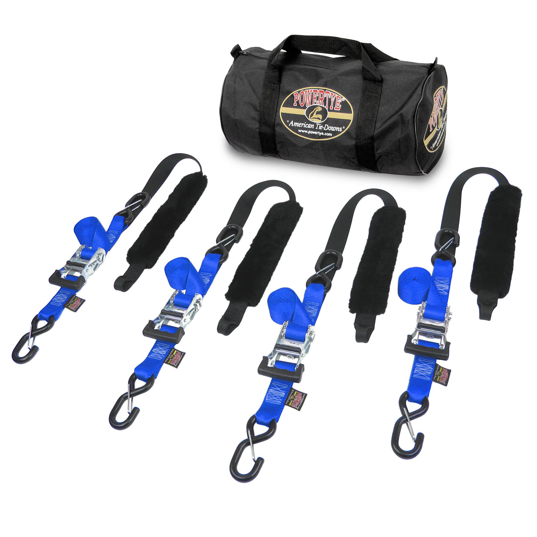 PowerTye Ratchet Strap 1.5 inch Fat Strap Tie Down Trailer Kit with four straps and genuine sheepskin soft-tye for motorcycles and offroad vehicles #color_blue