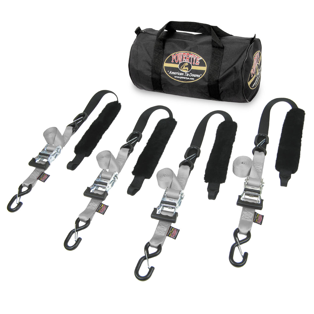 PowerTye Ratchet Strap 1.5 inch Fat Strap Tie Down Trailer Kit with four straps and genuine sheepskin soft-tye for motorcycles and offroad vehicles #color_silver