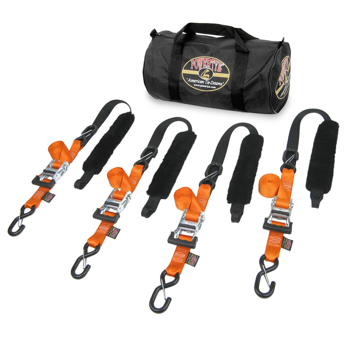 PowerTye Ratchet Strap 1.5 inch Fat Strap Tie Down Trailer Kit with four straps and genuine sheepskin soft-tye for motorcycles and offroad vehicles #color_orange